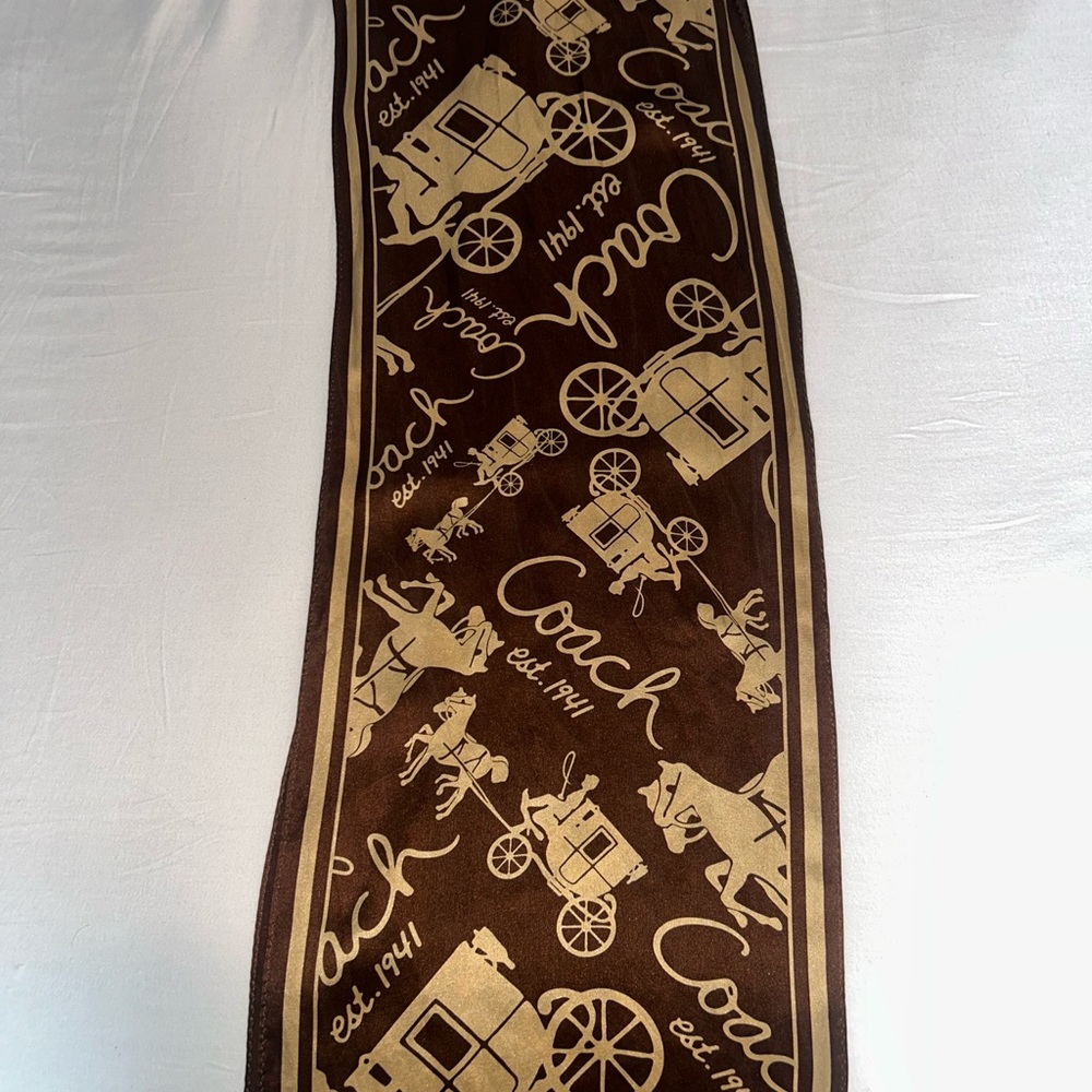Coach Silk Scarf Brown Beige Horses & Carriage Print Long Rectangular Scarf - Picture 3 of 6